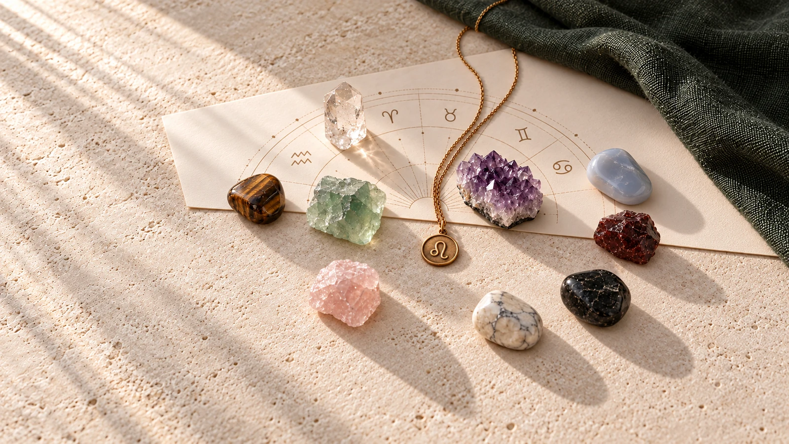 Peridot, spinel, sardonyx and bronze jewelry arranged on an embossed calendar surface